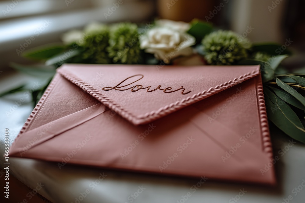 A pink envelope with the word A pink envelope with the word