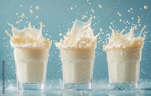 Dynamic Milk Splash Captured Mid-Air Against a Soft Blue Background photo