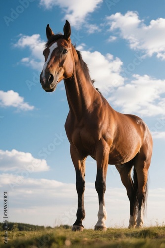there is a horse standing in a field with a blue sky in the background