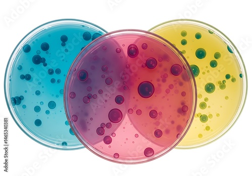 Three petri dishes filled with colorful agar and bacterial colonies on a white background close up