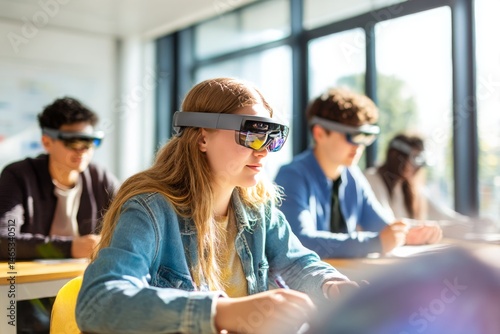 Students learning with augmented reality glasses in modern classroom with spring sunlight through large windows and clean next-gen tech style Generative AI
