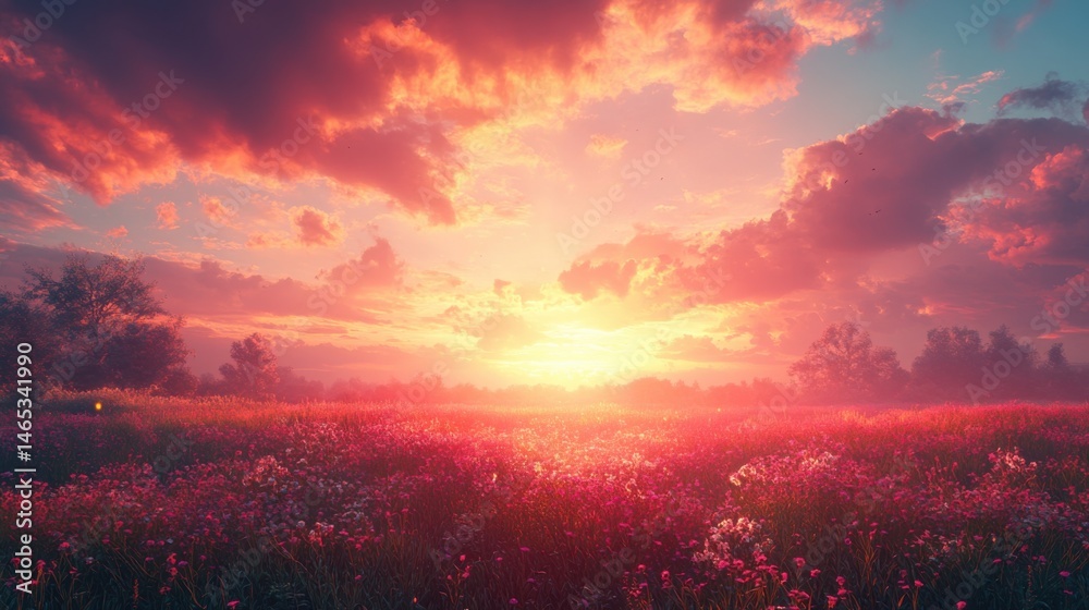 Fototapeta premium Vibrant Sunset over a Field of Pink Flowers Serene Nature Landscape Photography