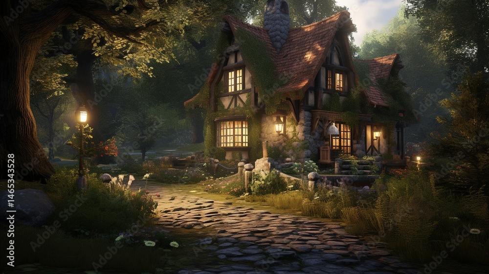 Fototapeta premium A photo of a cozy cottage in a forest setting.
