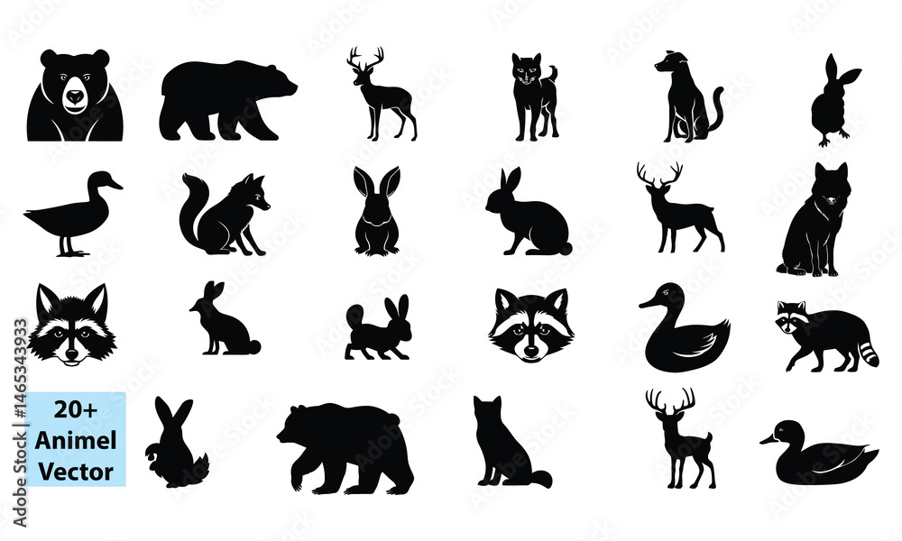 Fototapeta premium 20+ animal silhouette vector on white background