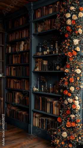 Dark, ornate bookcase filled with aged books and apothecary items, accented by a floral display