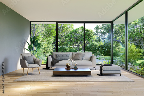 Fototapeta Naklejka Na Ścianę i Meble -  Modern contemporary style living room with tropical green garden background 3d render