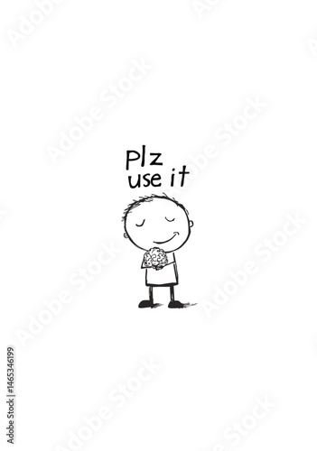 Hand Drawn Cartoon Child Hugging Brain with “Plz Use It” Caption Symbolizing Love for Knowledge and Mental Growth