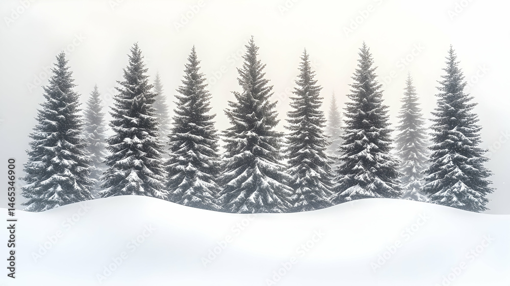 Naklejka premium Snowy pine trees in a misty mountain landscape