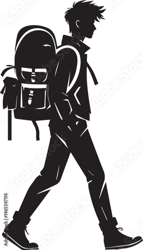 Silhouette of a person hitchhiking backpacking walking along on white background