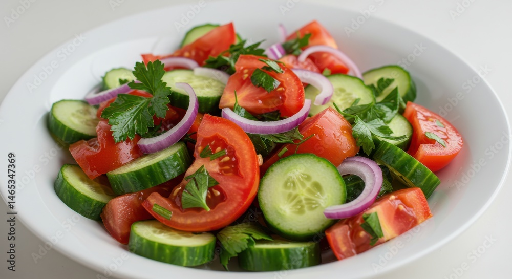 Vegetable salad with cucumber, tomatoes, onions, and herbs in a white plate on a light background Vegetable salad with cucumber, tomatoes, onions, and herbs in a white plate on a light background