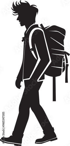 Silhouette of a person hitchhiking backpacking walking along on white background