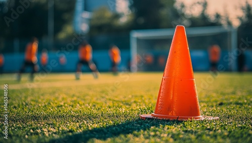 Bright Orange Traffic Cone on Grass with Blurred Soccer Practice in Background photo