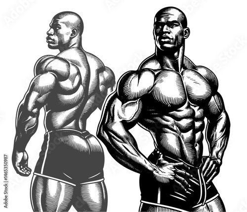 muscular bodybuilder striking a powerful pose, symbolizing strength, fitness, bodybuilding, and athleticism sketch engraving generative ai vector illustration. Scratch board. Black and white image.