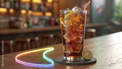 Iced Drink at Bar with Neon Light, Drinks, Cocktail