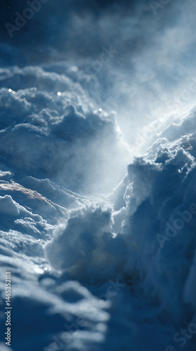 Pristine snowdrift untouched, against a vast icy landscape, fire a sense of calm and inhuman beauty.