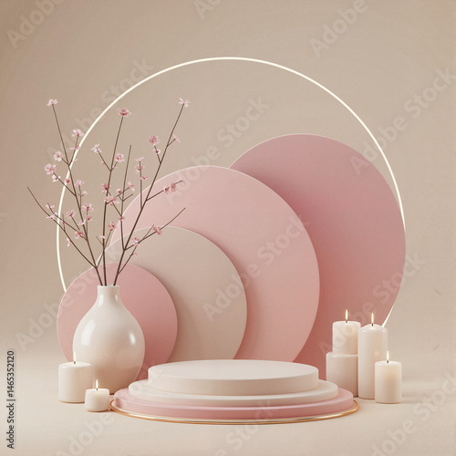 Zen Beauty Podium with Blossoms and Candles – Beige Pink Minimalist Background