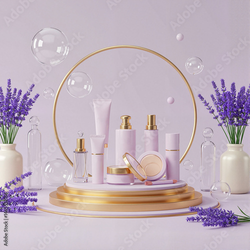 Luxury Lavender Skincare Display with Golden Accents and Cosmetic Bottles