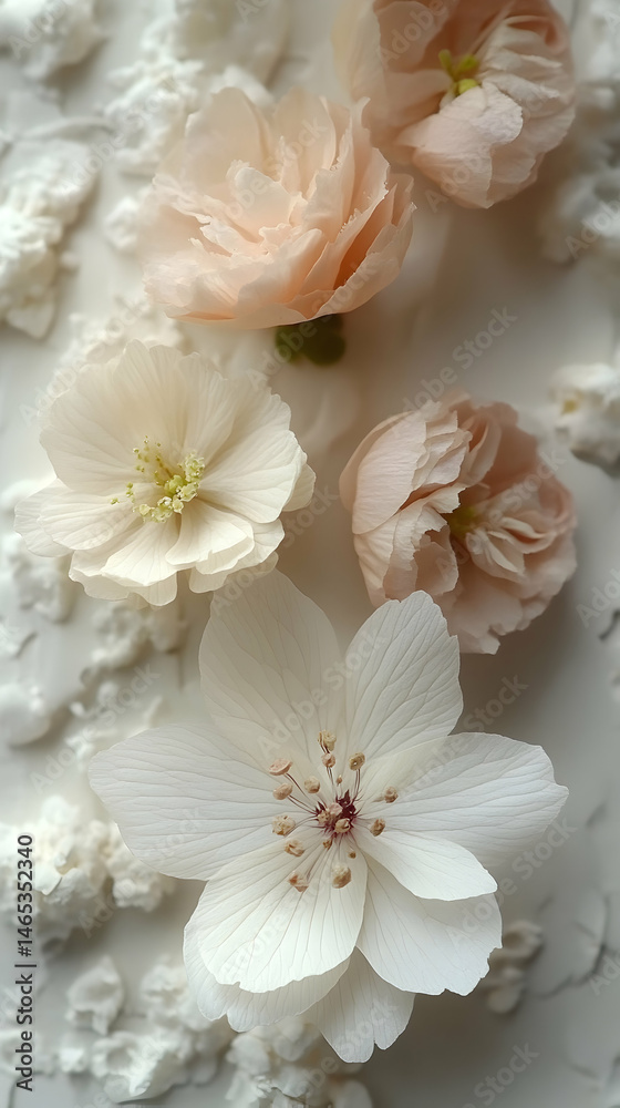 Fototapeta premium Delicate pastel flowers adorn a textured cake