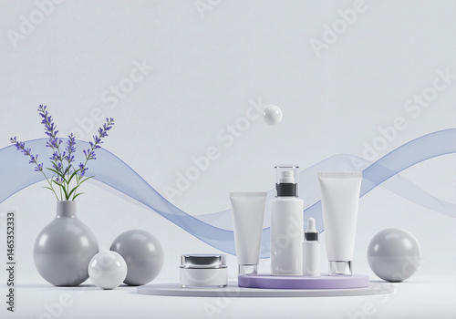 Minimalist White Cosmetic Packaging with Lavender and Soft Blue Decor