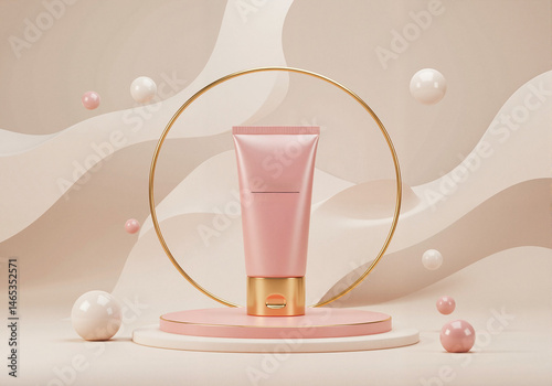 Pink Cosmetic Tube on Elegant 3D Podium with Gold Ring and Cream Background

