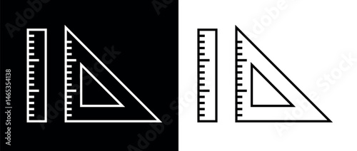 Ruler and triangular ruler icon. Designation of dimensions or dimensions. Measurement or drawing attribute. Mathematical or geometrical symbol. 