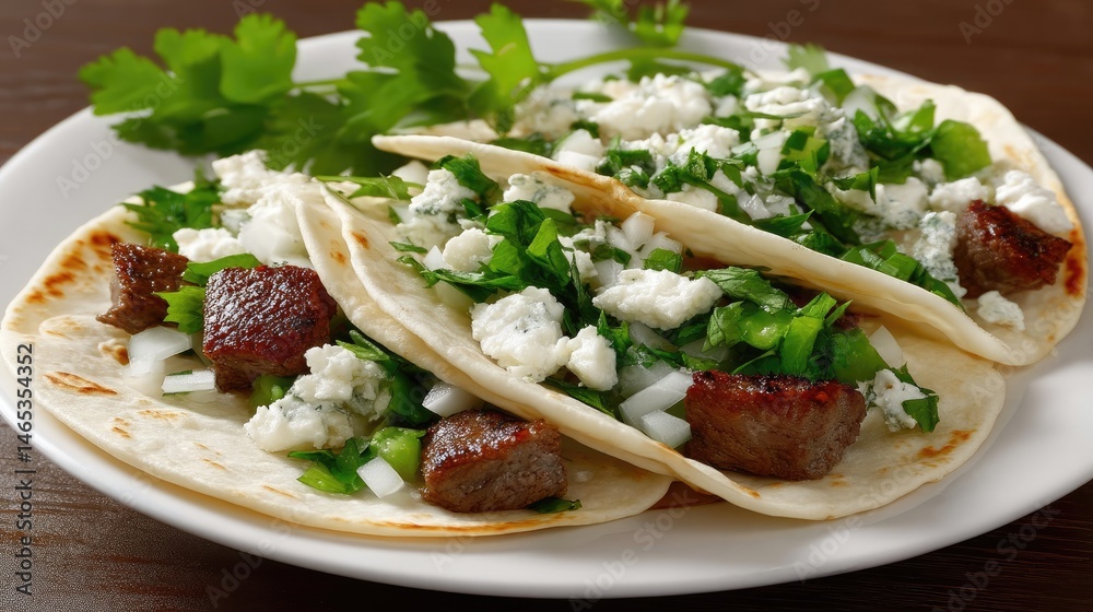 Tasty plate presents two tacos filled with tender meat, fresh avocado slices, and vibrant onion topped with cilantro garnish.
