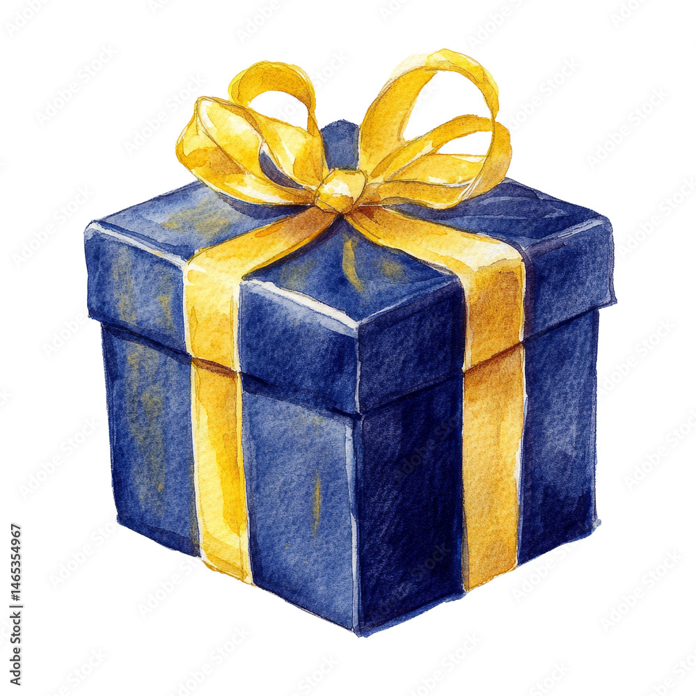 Obraz premium Watercolor Illustration of a Blue Gift Box with a Bright Yellow Ribbon