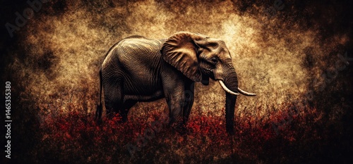 African elephant in red savanna, sunset background. Wildlife photography for nature documentaries
