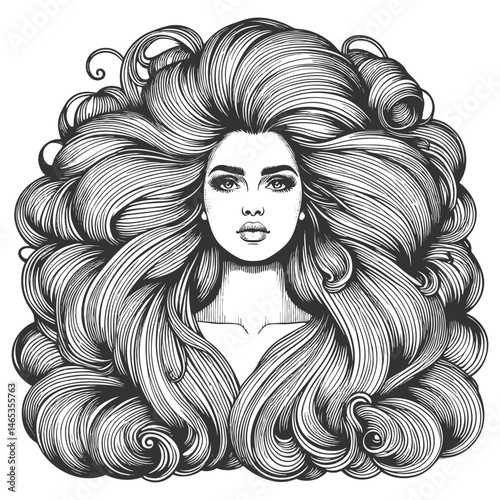 woman with an enormous, intricately curled hairstyle, blending surrealism, elegance, and vintage artistic style sketch engraving generative ai vector illustration. Scratch board. Black and white image