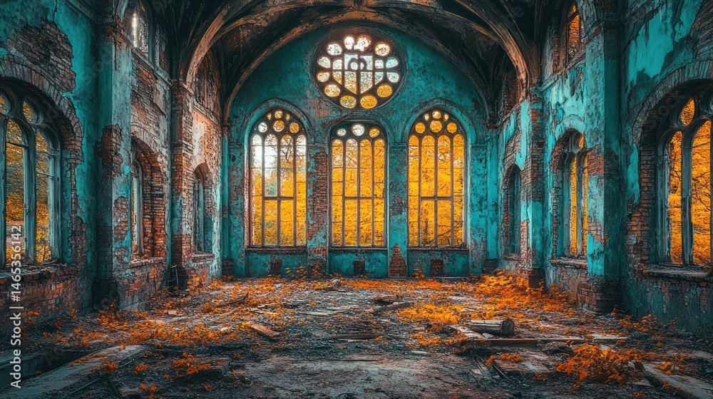 Fototapeta premium Interior of an old abandoned church with light pouring in