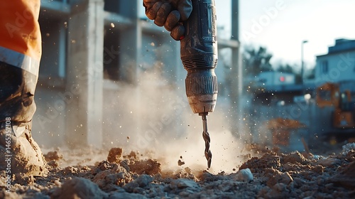 Close-up view of a construction worker drilling concrete.