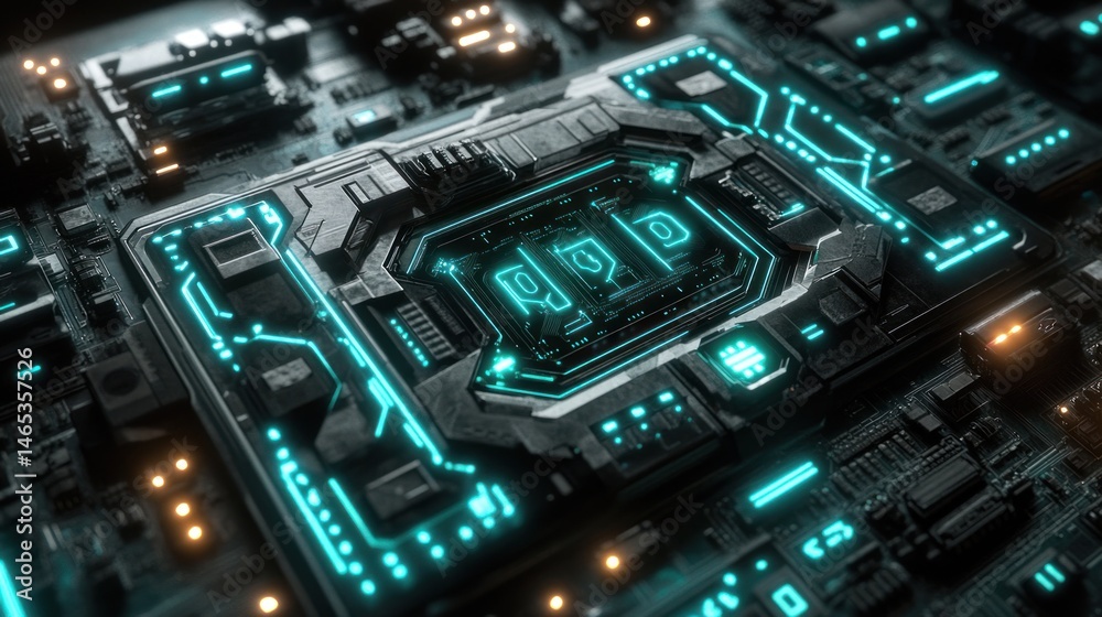 Fototapeta premium Advanced circuit board with glowing components (1)