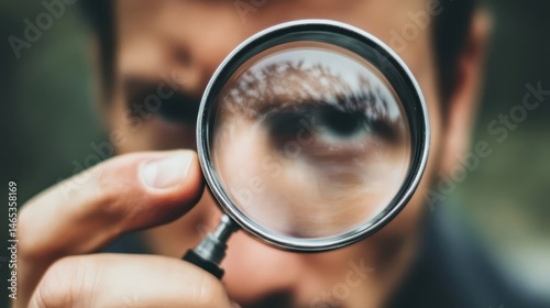 Close-up view of a person using a magnifying glass to examine an eye.