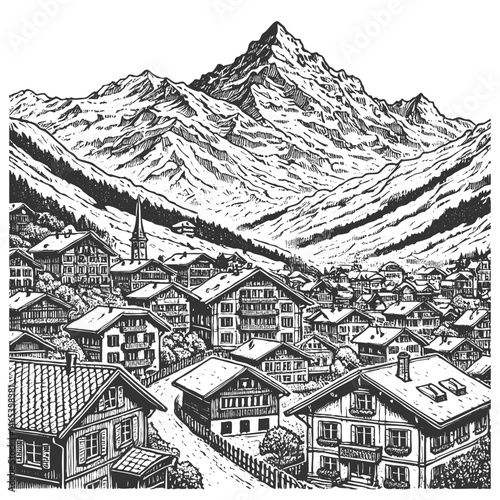 alpine village nestled in a valley, surrounded by towering mountains and a serene lake, drawn in an engraved, woodcut style sketch engraving generative ai vector. Scratch board. Black and white.