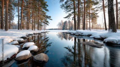 Serene winter landscape features snow-covered trees and rocks surrounding a tranquil lake, capturing the soft dawn light beautifully