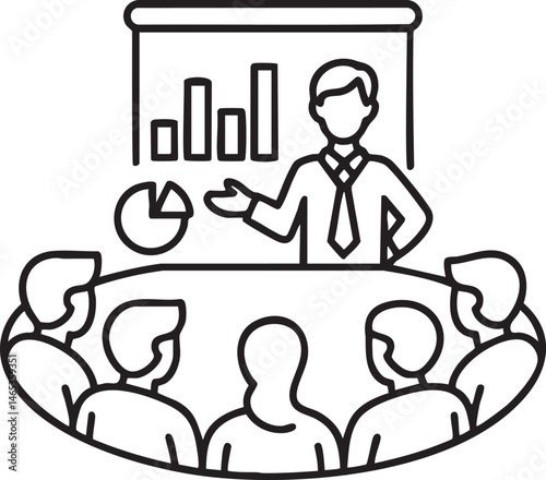 Outline Icon of Business Presentation Showing Team and Statistical Charts


