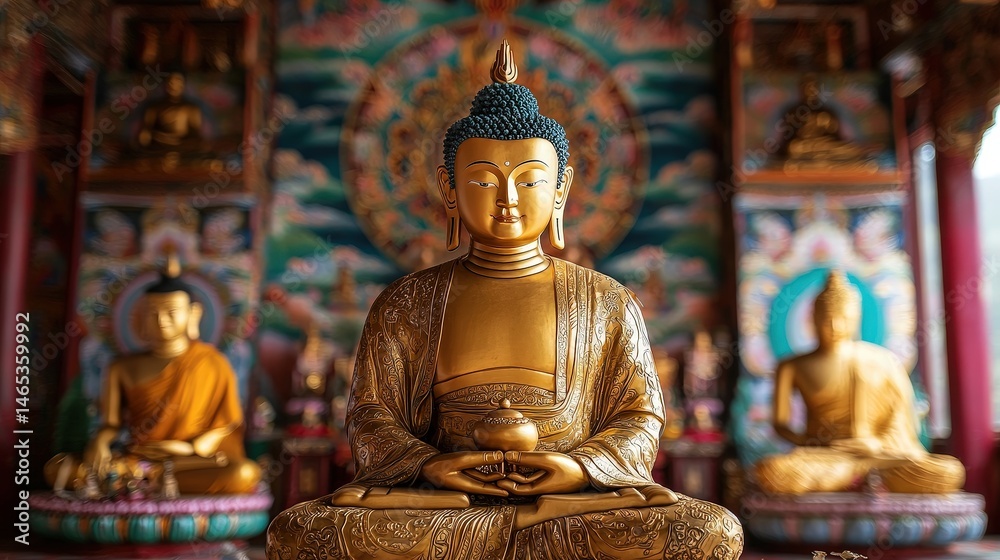 Golden Buddha statue seated in meditation inside an ornate, colorful temple. Golden Buddha statue seated in meditation inside an ornate, colorful temple.