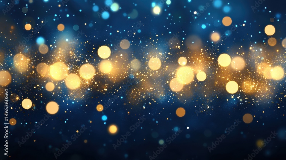 Golden particles and blue bokeh lights creating a magical christmas atmosphere