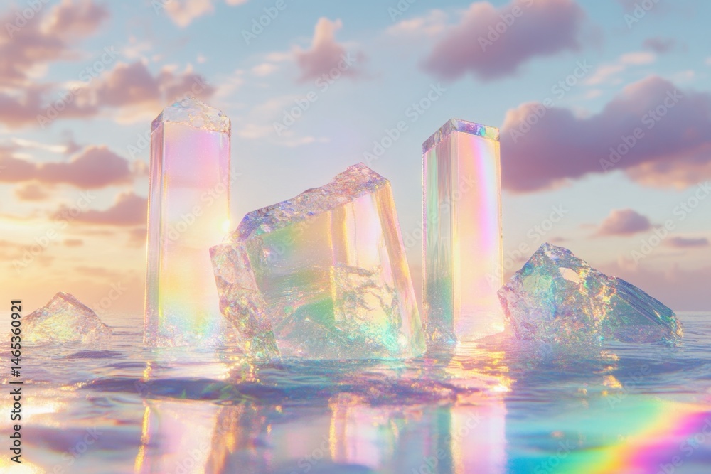 Prismatic icebergs emerging from iridescent waters under pastel sunset sky