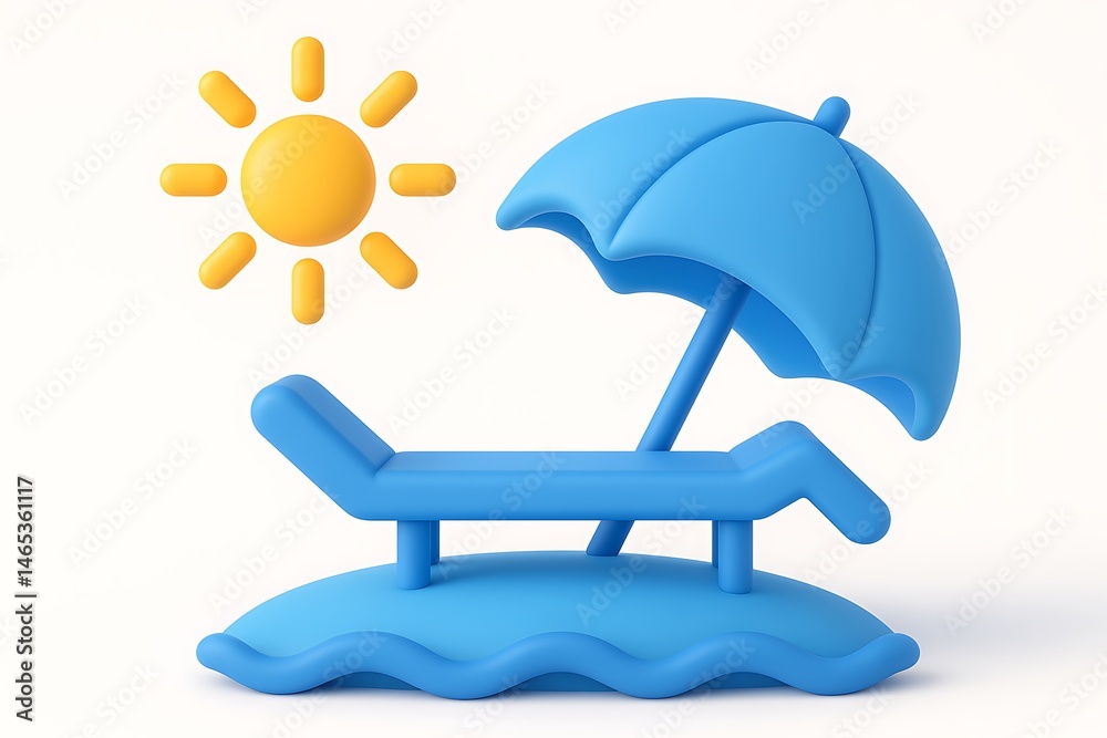 Cartoon beach scene with a blue lounge chair, colorful umbrella, and a bright yellow sun Cartoon beach scene with a blue lounge chair, colorful umbrella, and a bright yellow sun