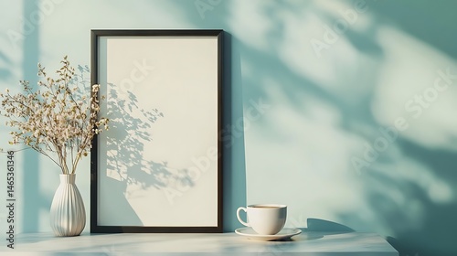 Empty frame,  light,  and shadows on a pastel wall.