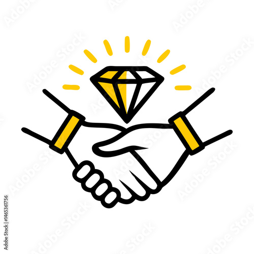 Handshake with Diamond- Successful Business Deal: Two hands shaking below a diamond, representing a successful business deal, valuable partnership, strong agreement, or high-value collaboration.