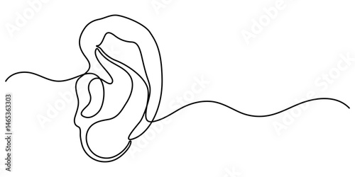 Human ear continuous single line drawing, Parts of five human senses, drawing with one continuous line with stroke vector illustration, ear continuous one line drawing. 