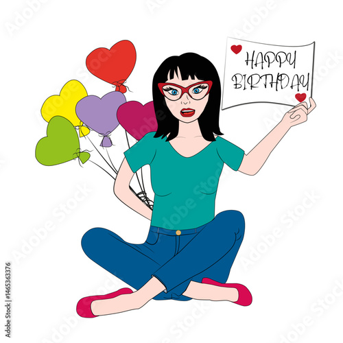 Felicitación de cumpleaños con mujer sentada y globos de colores.