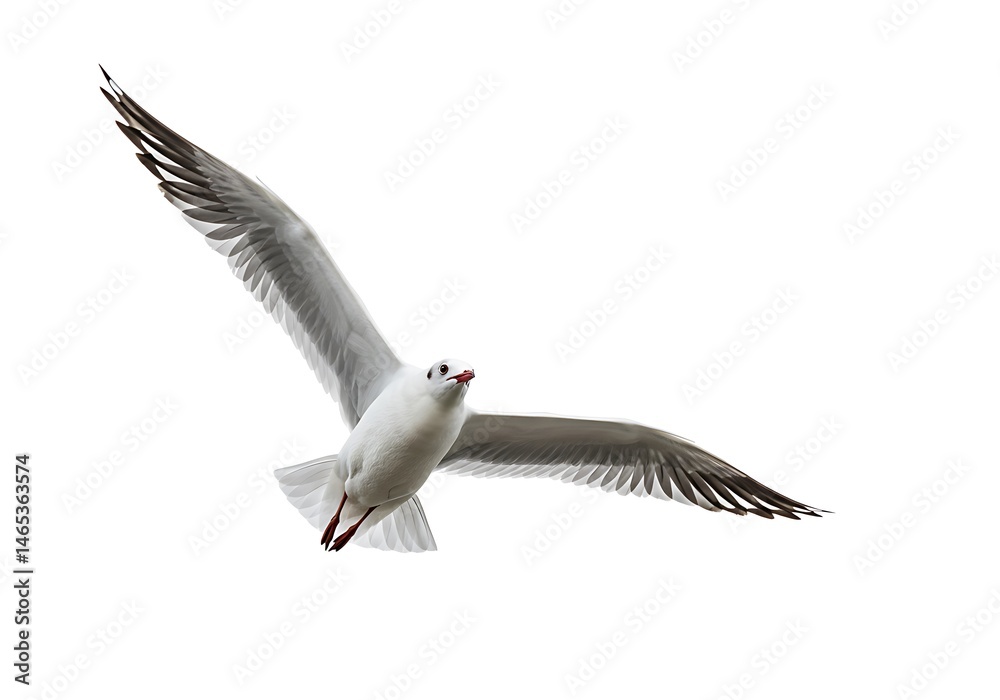 Fototapeta premium A seagull soars through the air with its wings fully extended against a bright white background sky