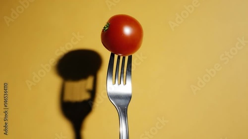 Single tomato balanced on fork against mustard yellow background.  Possible food photography