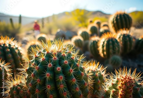 Close-up of various cacti, prickly textures, vibrant desert backdrop, intense sunlight, desert, cholla