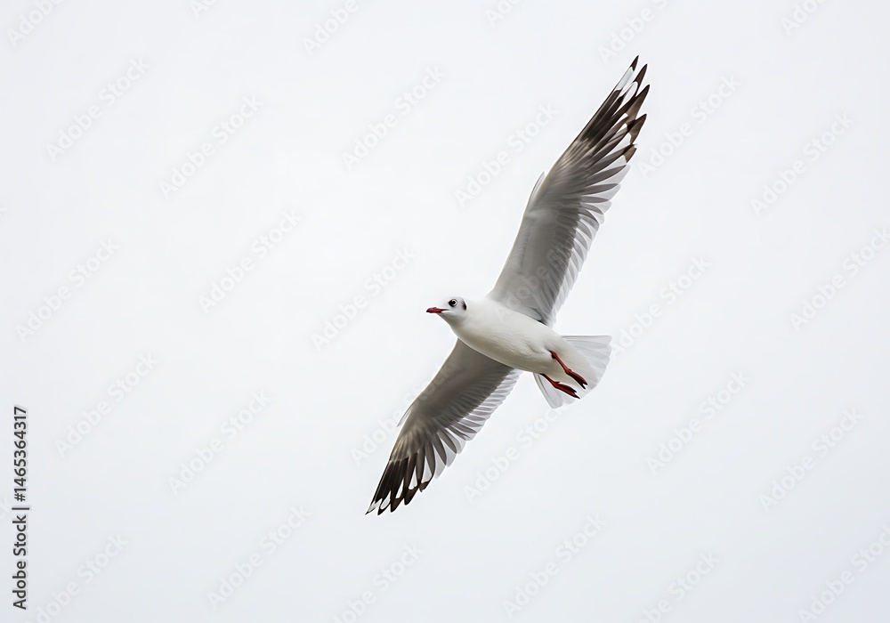 Fototapeta premium A seagull soars through a bright white sky with its wings fully extended and its body angled downward
