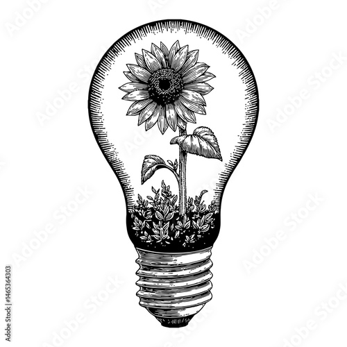 Sunflower with Soil inside Light Bulb Black and White Outline Line Art Drawing in Vintage Style