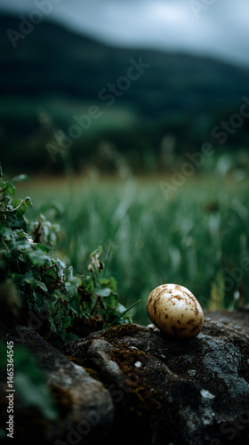 Rustic still life a individual murphy resting on a stone with a verdant field background.